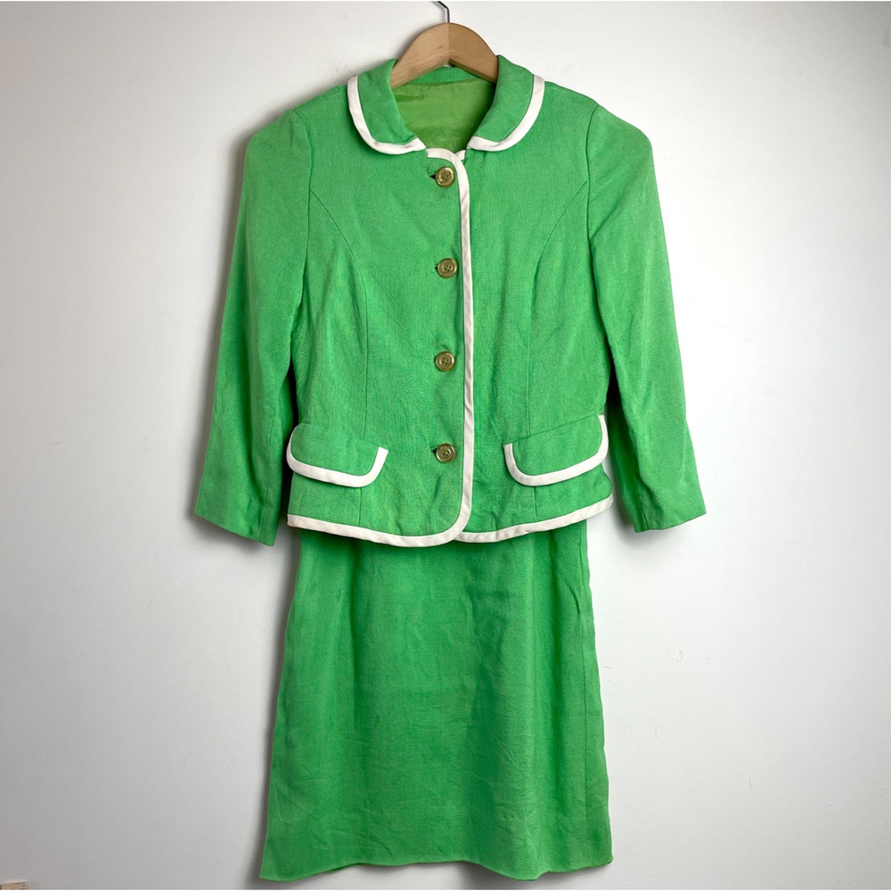 Vintage 60s I. Magnin & Co Skirt Set Sz XXS Green Tailored Old Money Feminine